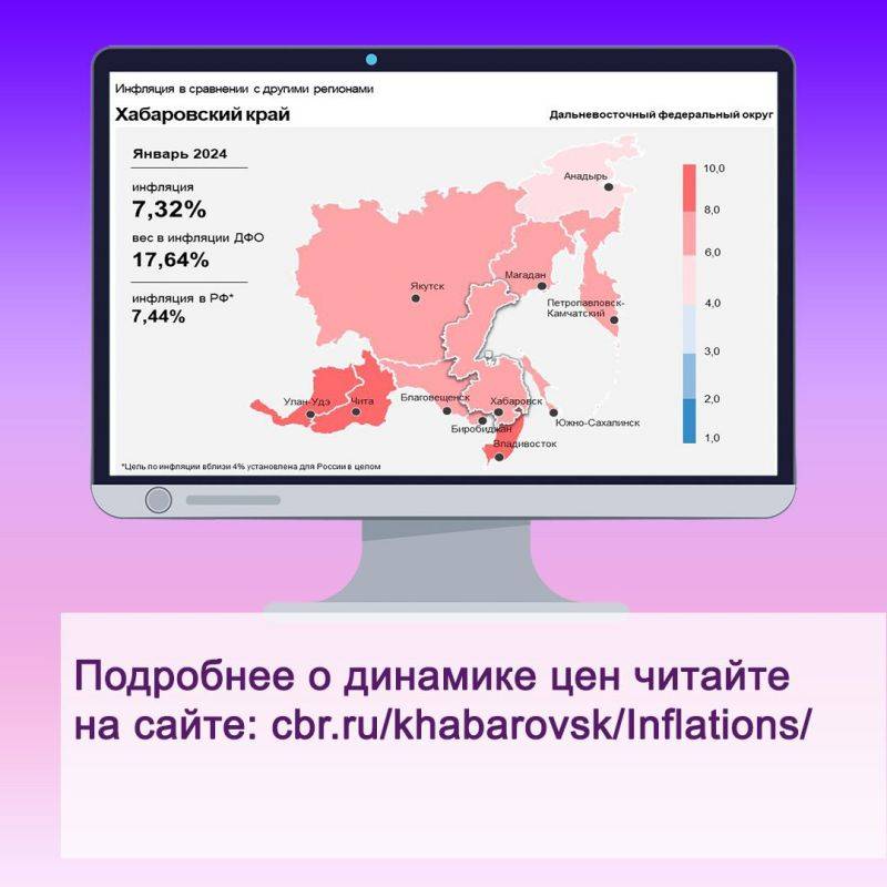 Годовая инфляция в Хабаровском крае в январе 2024 года составила 7,3%, что по-прежнему ниже, чем в целом по Дальневосточному федеральному округу (8,2%) и России (7,4%)