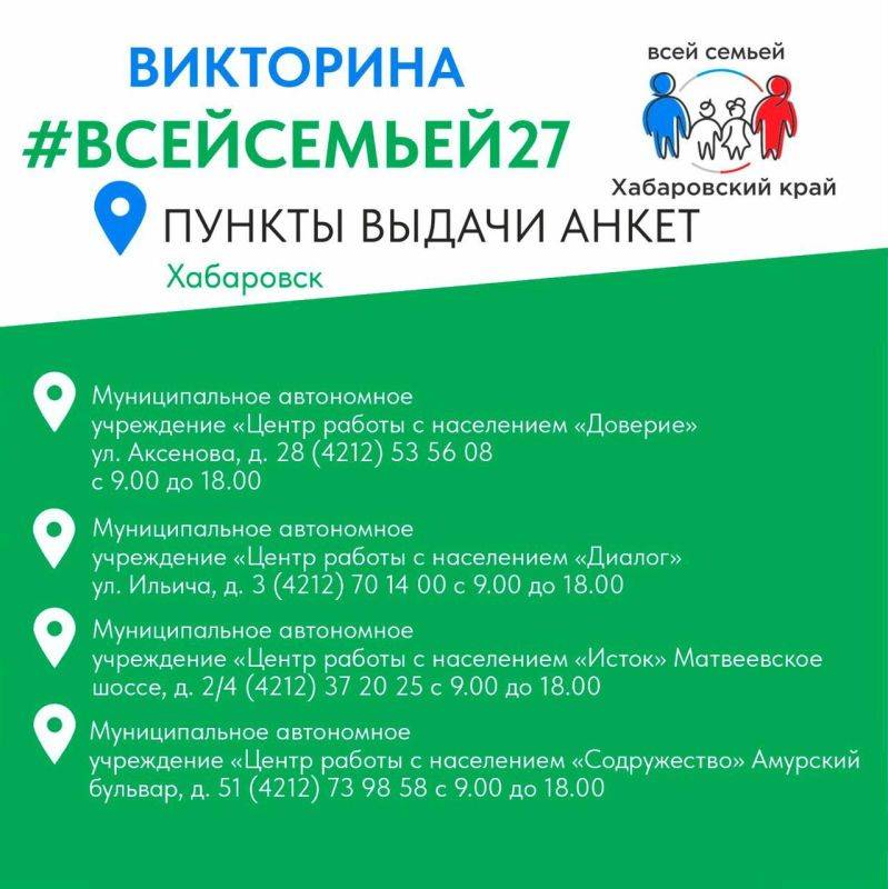 Публикуем обновленный список адресов пунктов выдачи анкет викторины #ВСЕЙСЕМЬЕЙ27