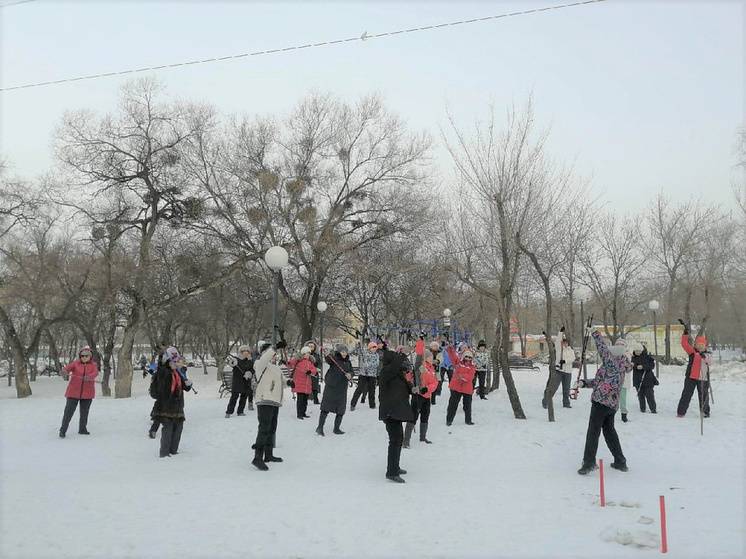 В Хабаровске в сквере на пересечении улиц Рокоссовского-Ворошилова пожилые люди занимались спортом