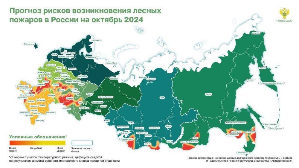 ФБУ «Авиалесоохрана», подведомственная организация Рослесхоза, разработала предварительный прогноз рисков возникновения пожарной опасности в лесах России в октябре 2024 года