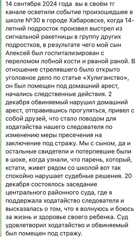 Екатерина Мизулина: В Хабаровске в начале года один из подростков выстрелил из сигнальной ракеты в туалете школы