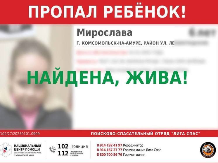 Шестилетнюю девочку, пропавшую в новогоднюю ночь, нашли живой в Комсомольске