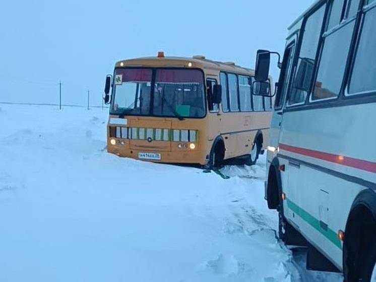 В снежном плену: пожарный вытащил из сугроба школьный автобус в Амурской области